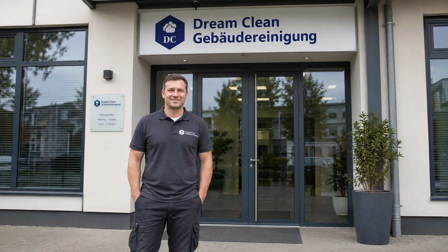 Inhaber Christopher Globig vor dem Firmensitz von Dream Clean Gebäudereinigung in Berlin